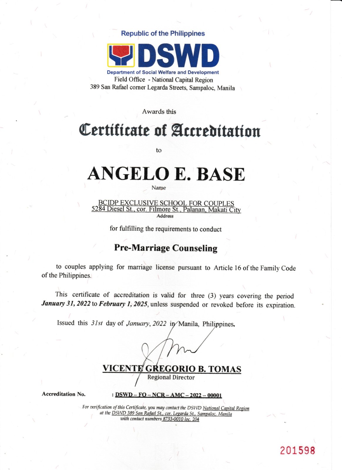 BCIDP Exclusive School for Couples_Certificate of Accreditation Pre-Marriage Counselling